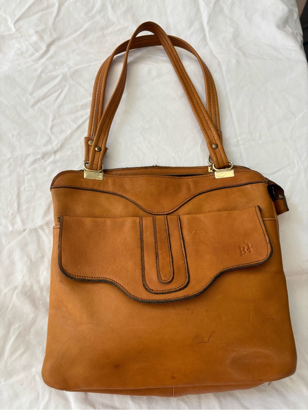 Vintage Tan Leather Shoulder Bag with Front Flap Pocket